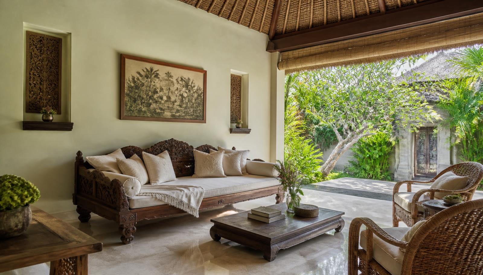 Warm minimal villa interior in travertine, linen and dark timber