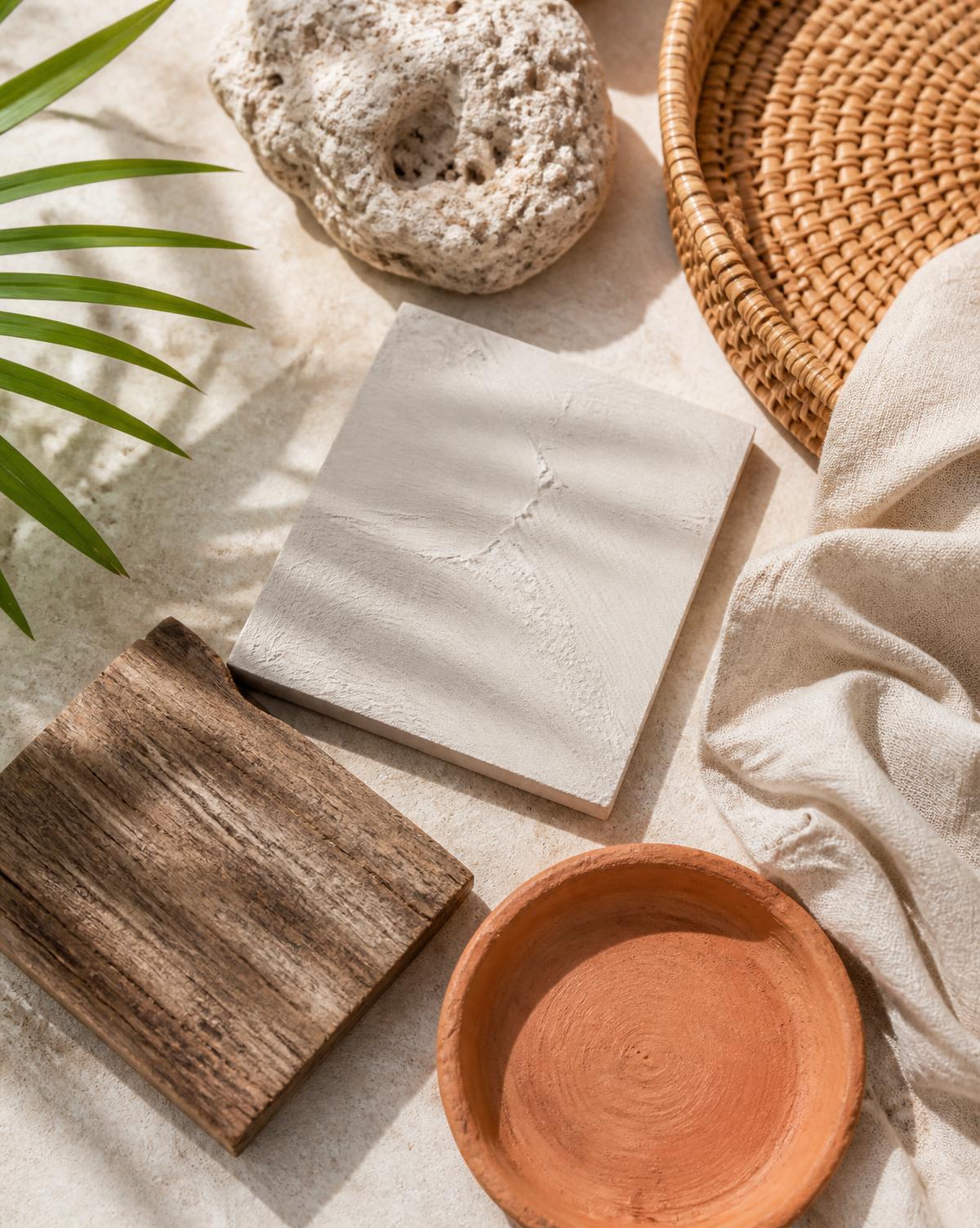 Travertine, bronze, oak and linen material samples